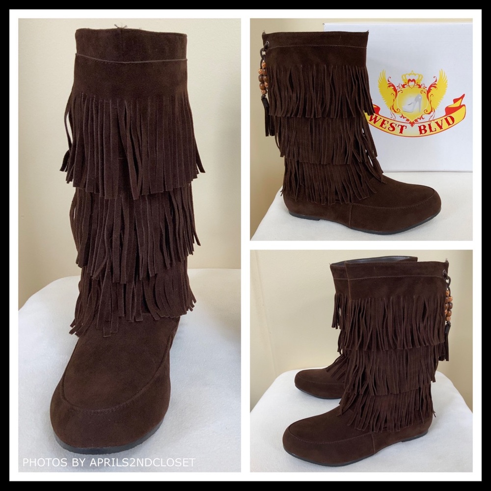 BROWN VEGAN SUEDE BOHO TASSEL FRINGE TRIM BOOTS - Picture 6 of 8